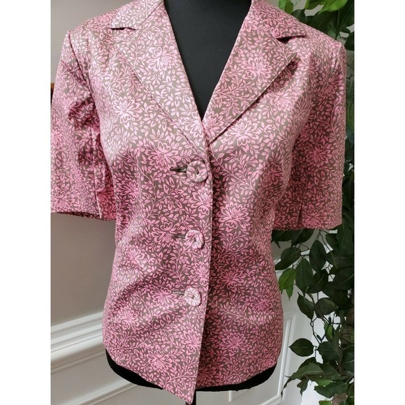 Sigrid Olsen Women Pink Floral Cotton Half Sleeve 3 Buttons Fitted Blazer - Picture 2 of 12